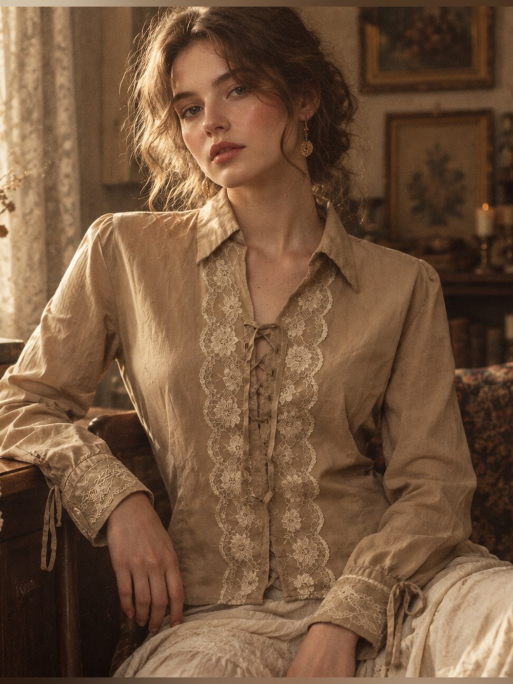 Andrew & Co Women’s Blouse L Tan Lace-Up Long Sleeve Victorian Romantic Cotton